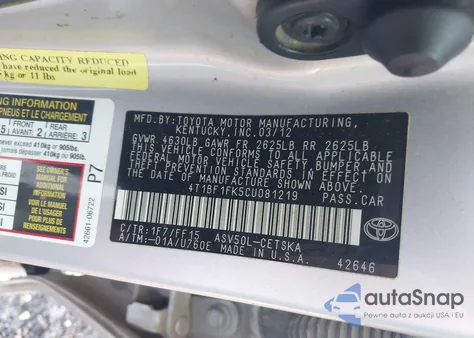 2012 Toyota Camry Se из США, поврежденный, VIN 4T1BF1FK5CU081219